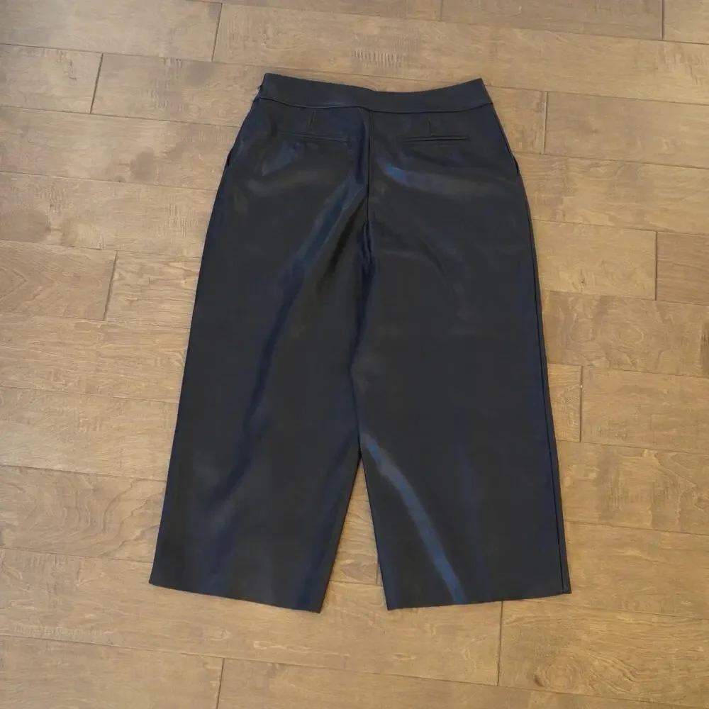 Jason Wu Wide Leg High Rise Cropped Faux Leather Pants Black Womens Size 12